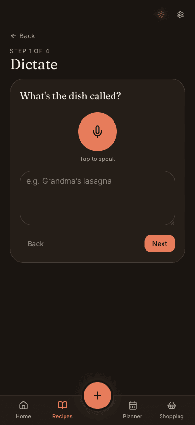 Recipe Heaven voice capture screen with a tap-to-speak button