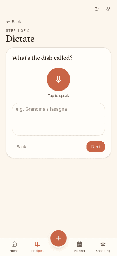 Recipe Heaven voice capture screen with a tap-to-speak button