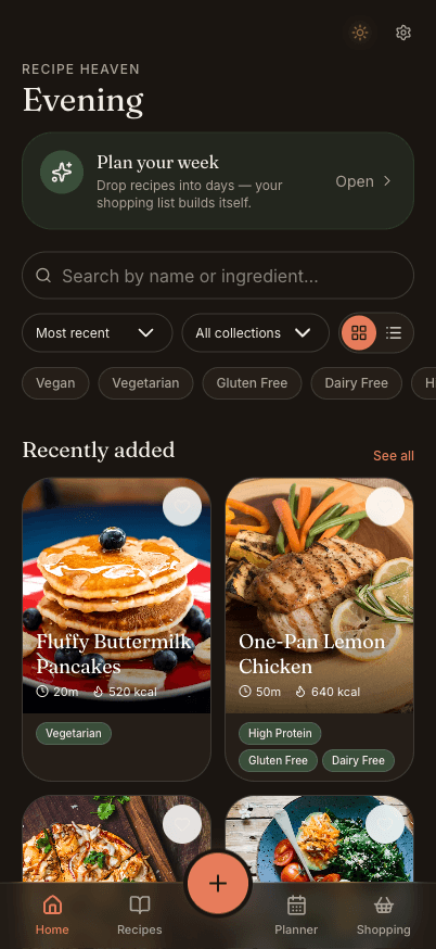 Recipe Heaven home screen with the weekly plan and recent recipes