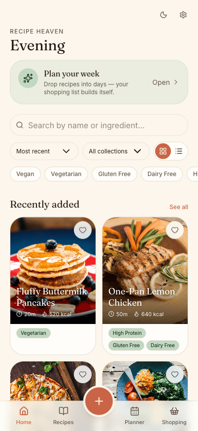 Recipe Heaven home screen with the weekly plan and recent recipes