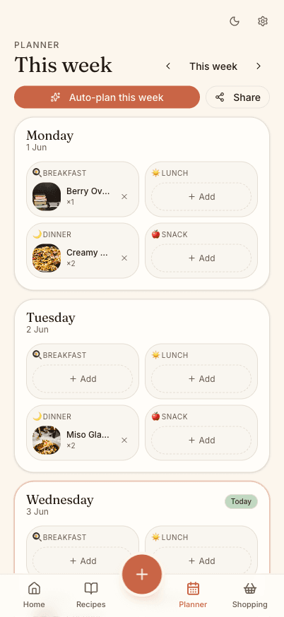 The weekly meal planner with breakfast, lunch, and dinner slots