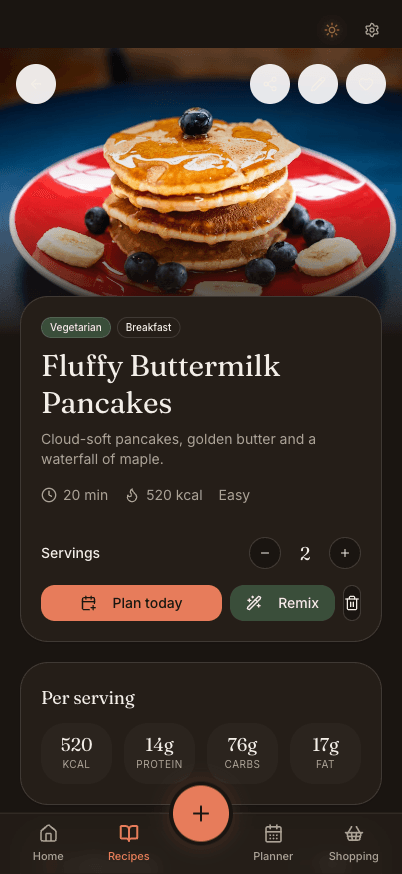 A recipe with photo, servings, and nutrition in Recipe Heaven