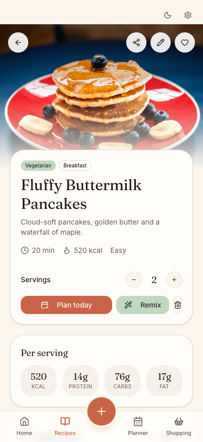 A recipe with photo, servings, and nutrition in Recipe Heaven