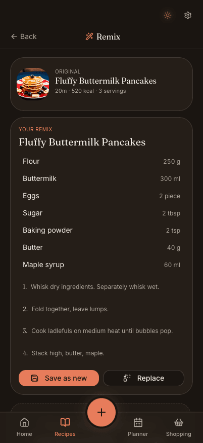 The AI remix screen showing the original recipe beside a rewritten version