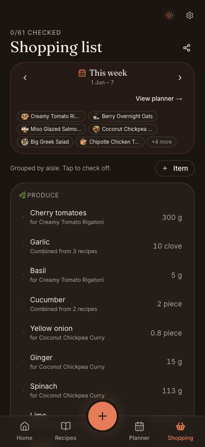 A shopping list grouped by aisle with merged quantities