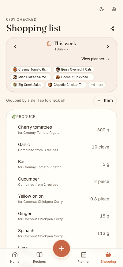A shopping list grouped by aisle with merged quantities